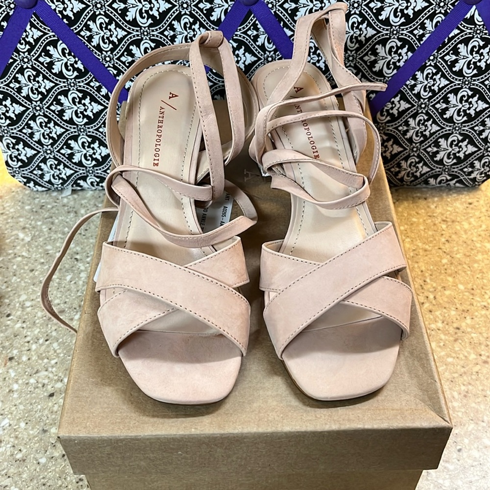 NWB Anthropologie Ankle Tie Block Heel Sandals